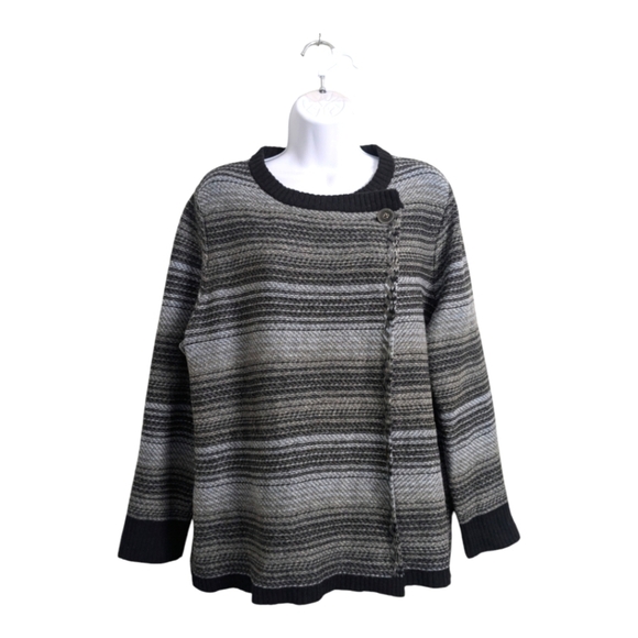 Woolrich Women's Lambswool Black Gray Striped Sweater Cross Front Crewneck XL - Picture 1 of 9